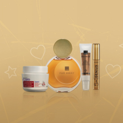 Tres productos Avon sobre fondo amarillo: a la izquierda, tubo blanco y azul Avon Care de 120g; en el centro, protector solar Renew FPS 70 en tubo blanco de 40g; a la derecha, máscara de pestañas Volume Max en envase negro con tapa azul y aplicador turquesa.