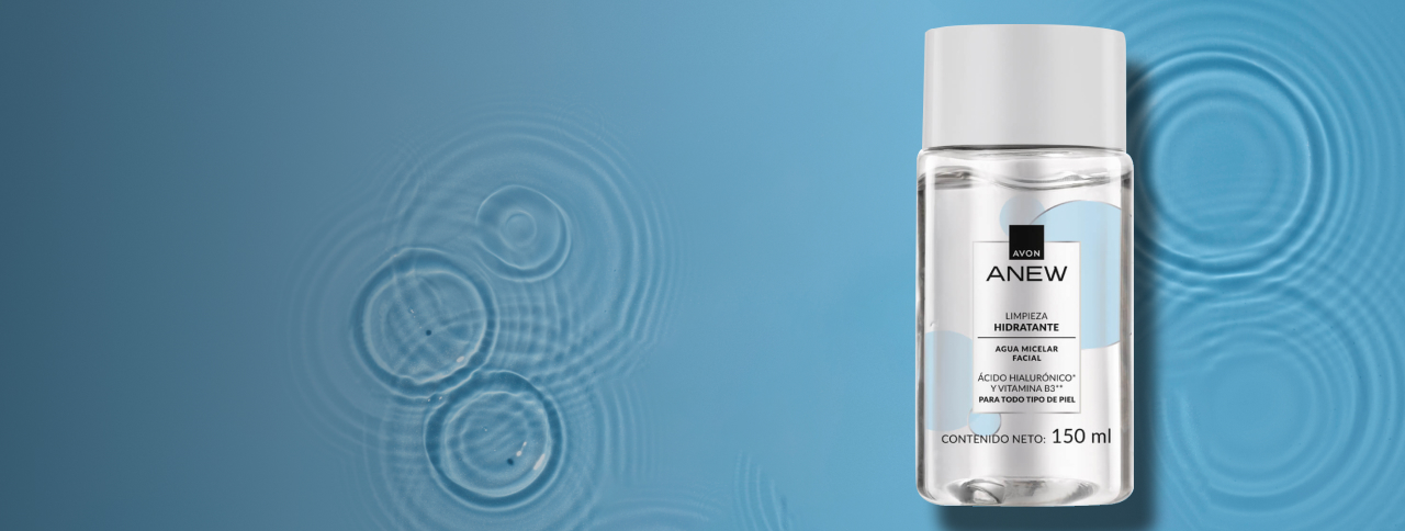 Agua micelar revitalizante Anew Rostro limpio y renovado con ácido hialurónico para hidratar, rellenar y alisar la piel + vitamina B3 para darle brillo.