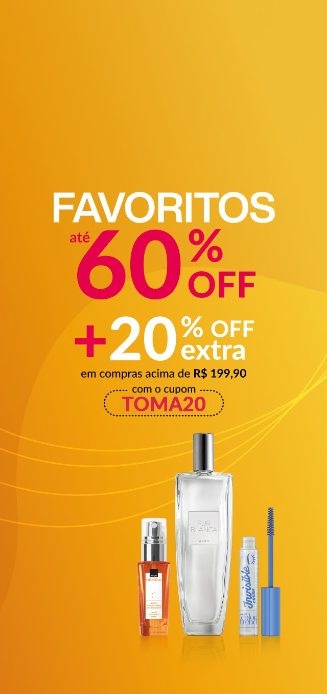 Produtos Avon em fundo com tons de amarelo e ilustrações de estrelas e corações.
