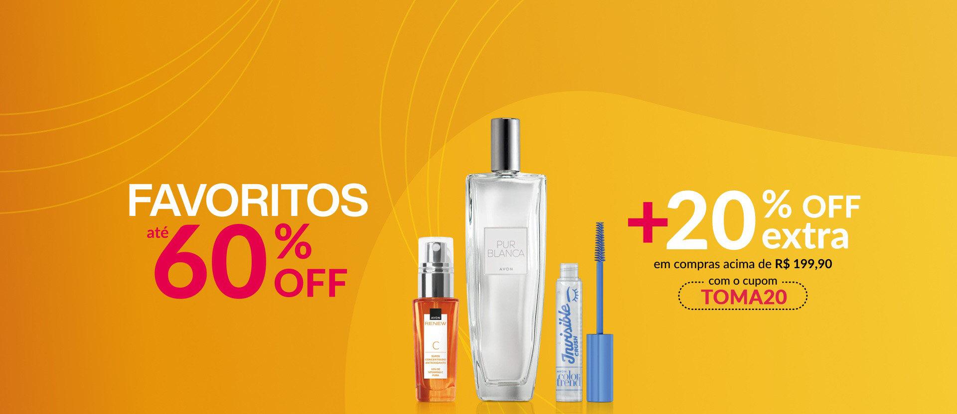 Produtos Avon em fundo com tons de amarelo e ilustrações de estrelas e corações.