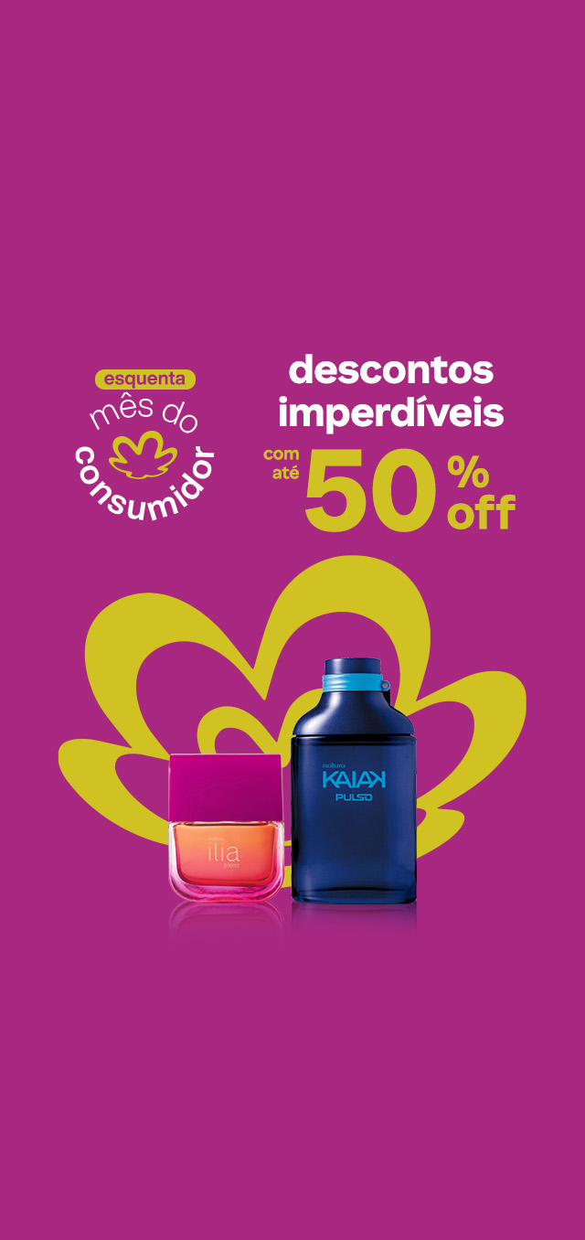 Deo Parfum Ilía Plena e Desodorante Colônia Kaiak Pulso em fundo magenta com a flor símbolo da Natura em laranja. Texto aplicado: esquenta mês do consumidor. Descontos imperdíveis com até 50% off.