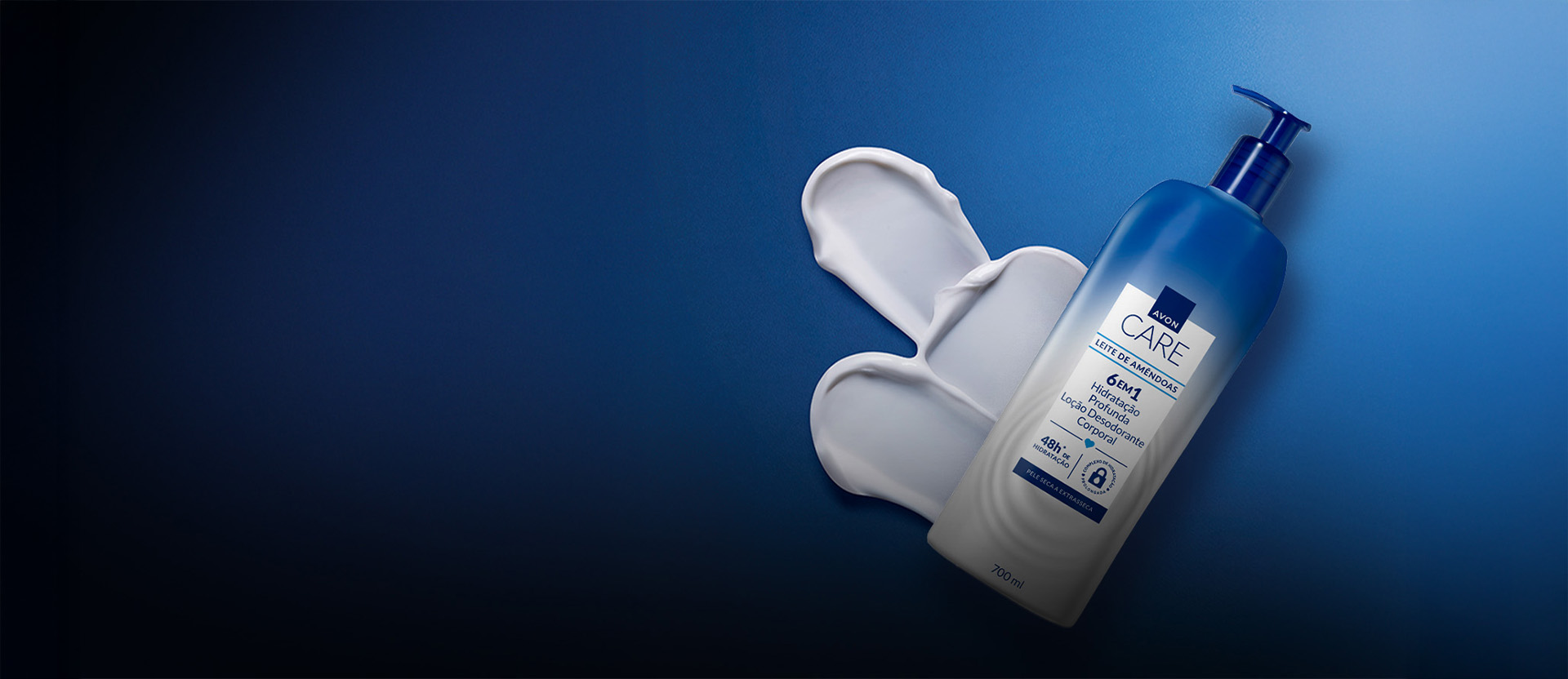 Banner com fundo azul escuro. Elementos incluem um frasco de loção corporal Avon e creme espalhado ao lado. Produtos promovem cuidados diários. Texto: "Seu bem-estar começa aqui com a Avon!"