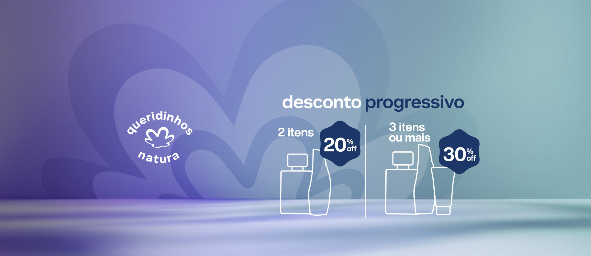 Selo Queridinhos Natura sobre flor Natura em tons de azul e verde. Ao lado, ilustrações de silhuetas de produtos e o texto: Desconto progressivo 2 itens com 20% OFF, 3 itens ou mais com 30% OFF.