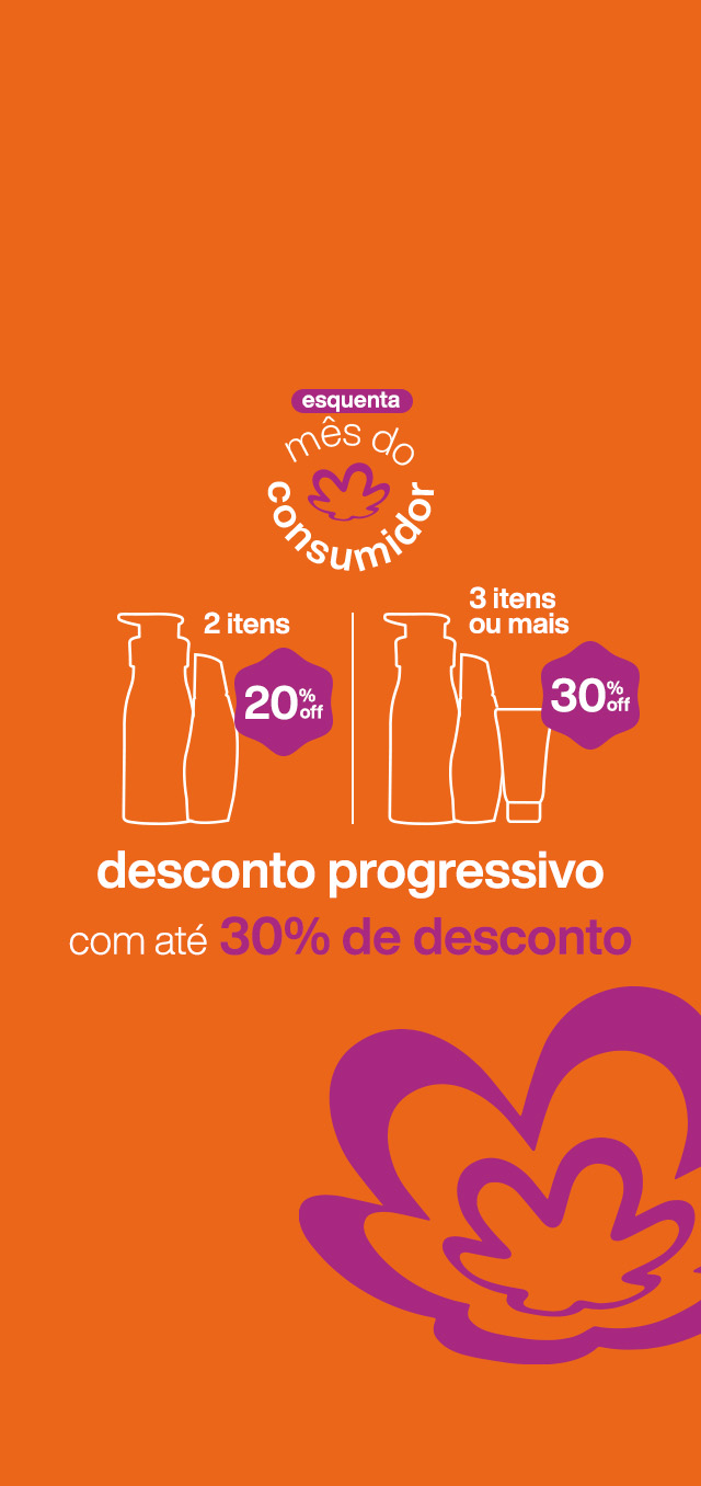 Imagem promocional em fundo laranja com o texto aplicado: esquenta mês do consumidor. 2 itens com 20% OFF e 3 itens ou mais com 30% OFF. Desconto progressivo com até 30% de desconto.