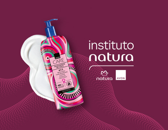 Avon Care Óleo de Coco Loção Decorada Corporal, com textura do produto, em fundo rosa com grafismos também em rosa e a logo do Instituto Natura. 
