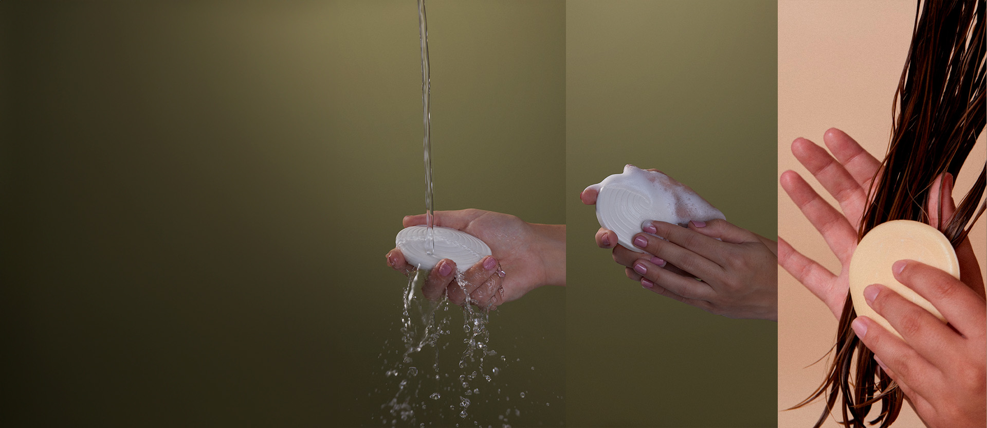 Las imágenes muestran cómo usar el shampoo Natura Biome: mojándolo, enjabonándolo en las manos y masajeándolo en el cabello.