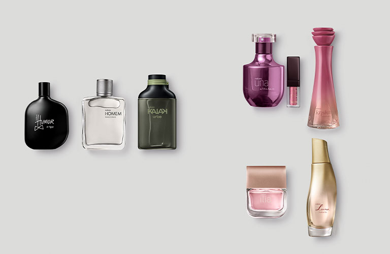 Siete perfumes  Natura y un labial en un fondo gris