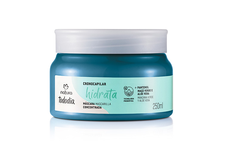 Foto con fondo blanco que muestra un pote de Mascarilla concentrada Tododia Hidrata de Natura en envase azul turquesa con tapa blanca.