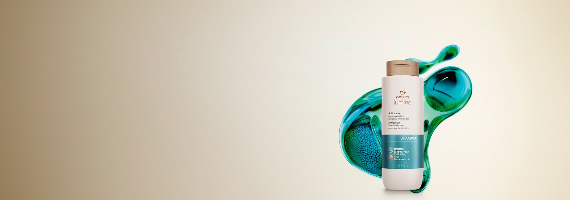 Fondo claro con shampoo Natura Lumina Anticaspa y una partícula que destaca la tecnología del producto.