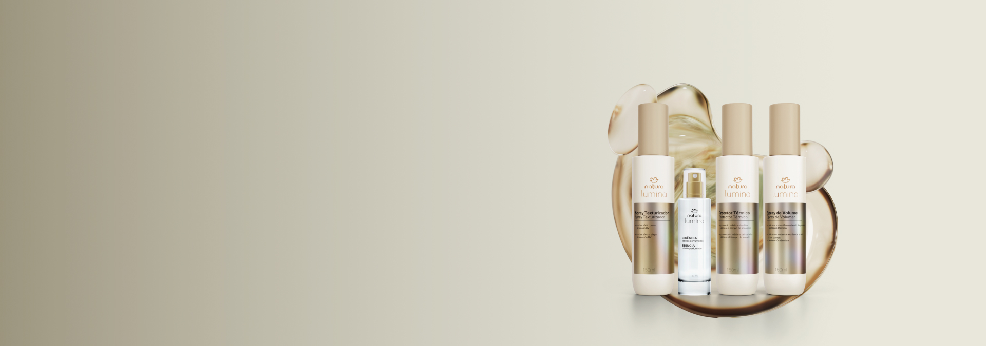 Imagem com fundo cinza e quatro produtos de Lumina Finalizadores, com tecnologia da linha atrás.