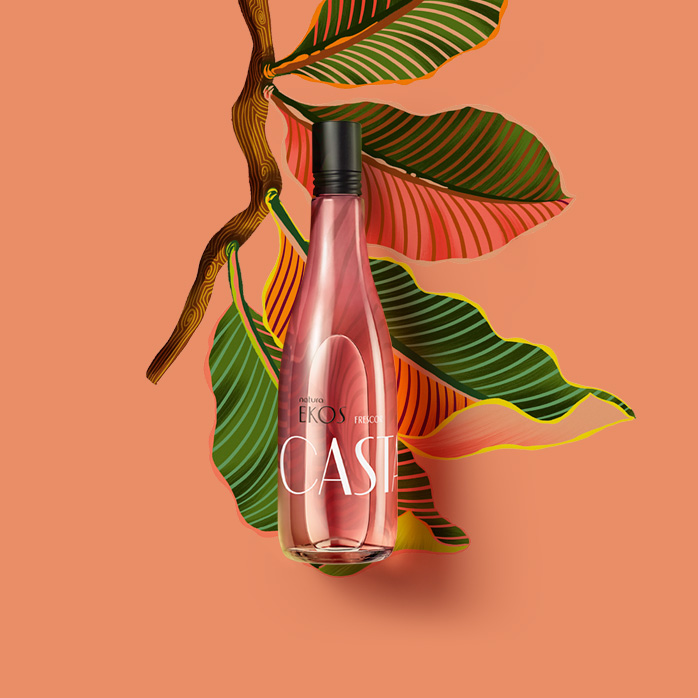 Imagem com fundo rosa e ilustrações de castanha, junto com embalagem do Frescor Ekos Castanha