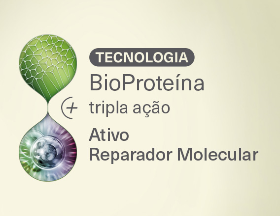 Selo Tecnologia BioProteína + tripla ação Ativo Reparador Molecular, com elementos orgânicos, em fundo em tom creme.