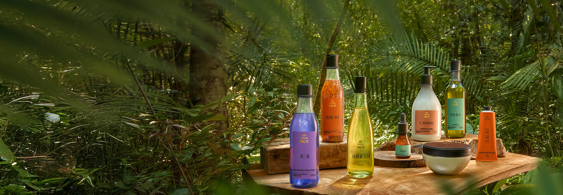  Kit de produtos Natura Ekos com frascos coloridos de açaí, maracujá, castanha, patauá e tukumã sobre madeira. Ao fundo, vegetação densa de floresta amazônica iluminada.