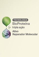 Selo Tecnologia BioProteína + tripla ação Ativo Reparador Molecular, com elementos orgânicos, em fundo em tom creme.