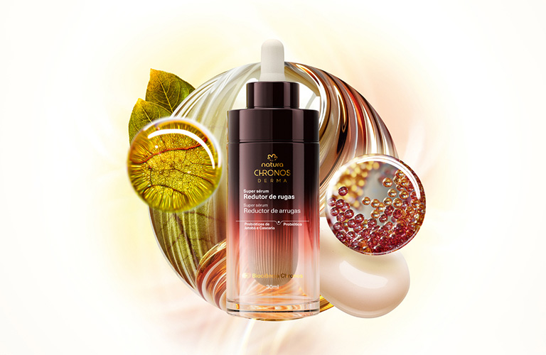 Super Sérum Redutor de Rugas Chronos Derma sobre um desenho que representa os ativos da fórmula se misturando