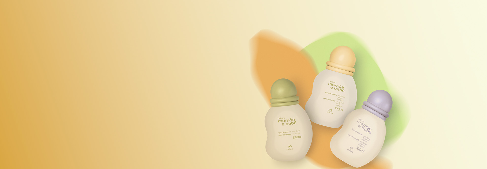 Três embalagens de Colônias Natura Mamãe e Bebê com tampas verde, amarela e lilás, em fundo amarelado com tons de laranja e verde.