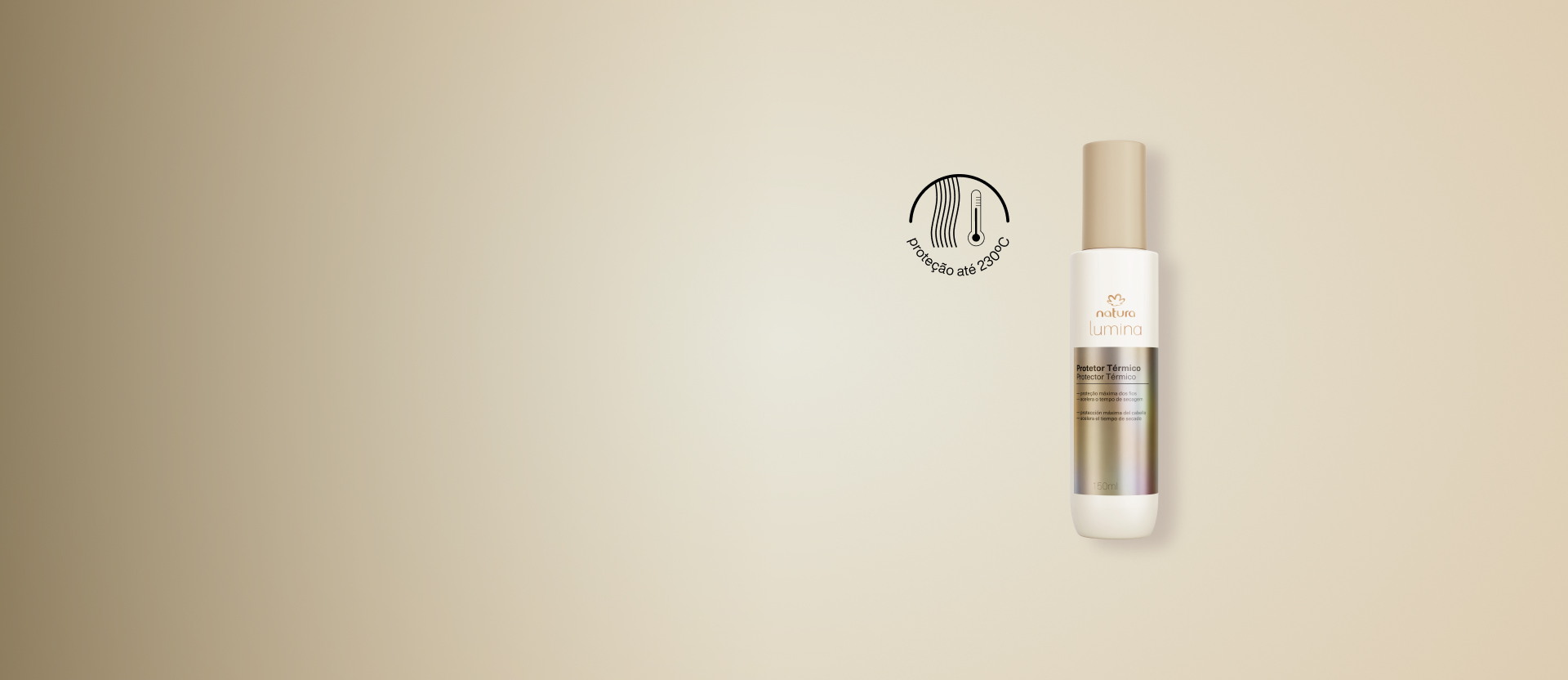 Imagem com fundo cinza, protetor térmico e selo ilustrando fios de cabelo e termômetro.