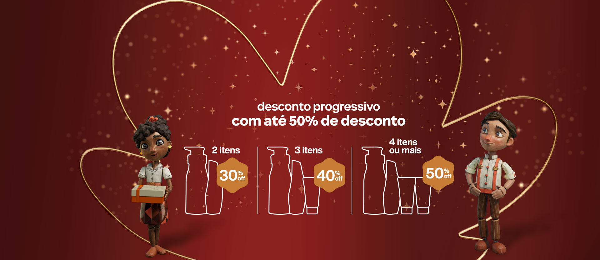 Flor Natura e estrelas douradas em fundo vermelho, com o texto: desconto progressivo com até 50% de desconto. 2 itens 30% OFF 3 itens 40% OFF 4 itens ou mais 50% OFF.