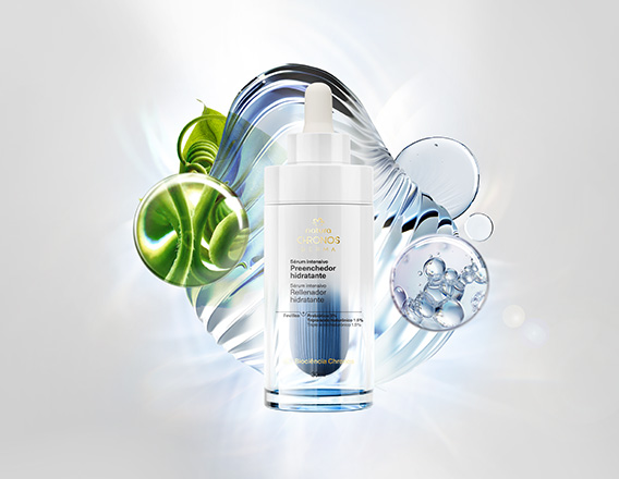 Novo Sérum Intensivo Preenchedor Hidratante em destaque no centro da tela sobre ativos e ingredientes da exclusiva tecnologia Natura Chronos Derma em fundo iluminado com tons de branco e azul claro.