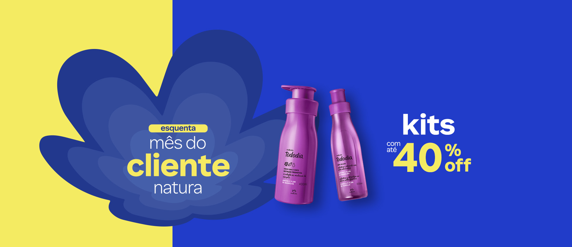 Em fundo amarelo em cima e azul embaixo, flor símbolo Natura em tons de azul, com frascos em roxo de Creme Corporal e de Body Splash de Tododia Ameixa e Flor de Baunilha.