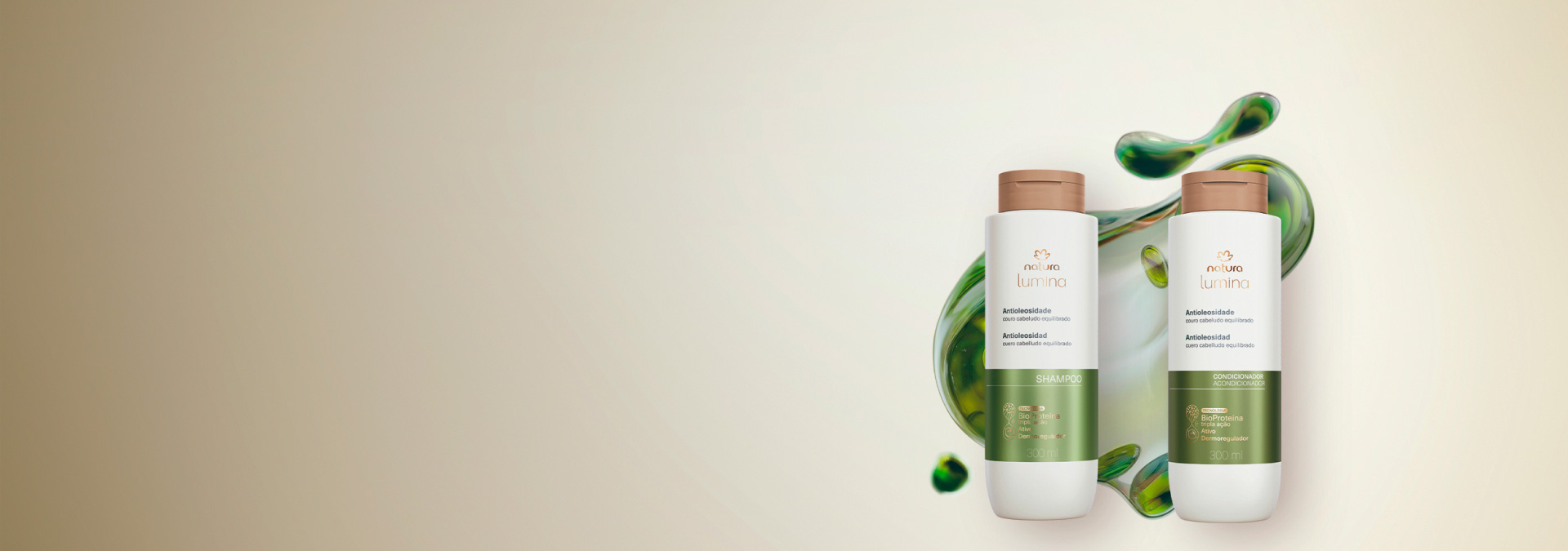 Fundo claro com linha Natura Lumina Antioleosidade e partícula que destaca a tecnologia do produto