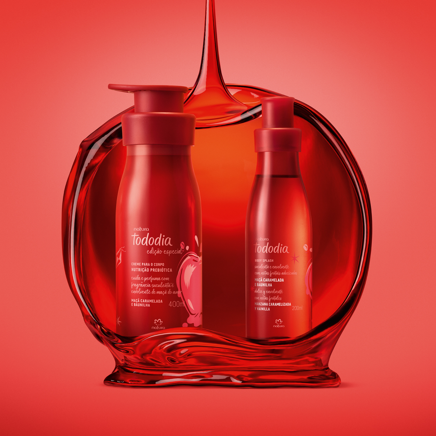 2 produtos de Tododia Maçã Caramelada e Baunilha, sendo 1 pump de creme e 1 frasco de body splash, envolvidos por uma textura de calda vermelha em formato de maçã. Fundo vermelho.