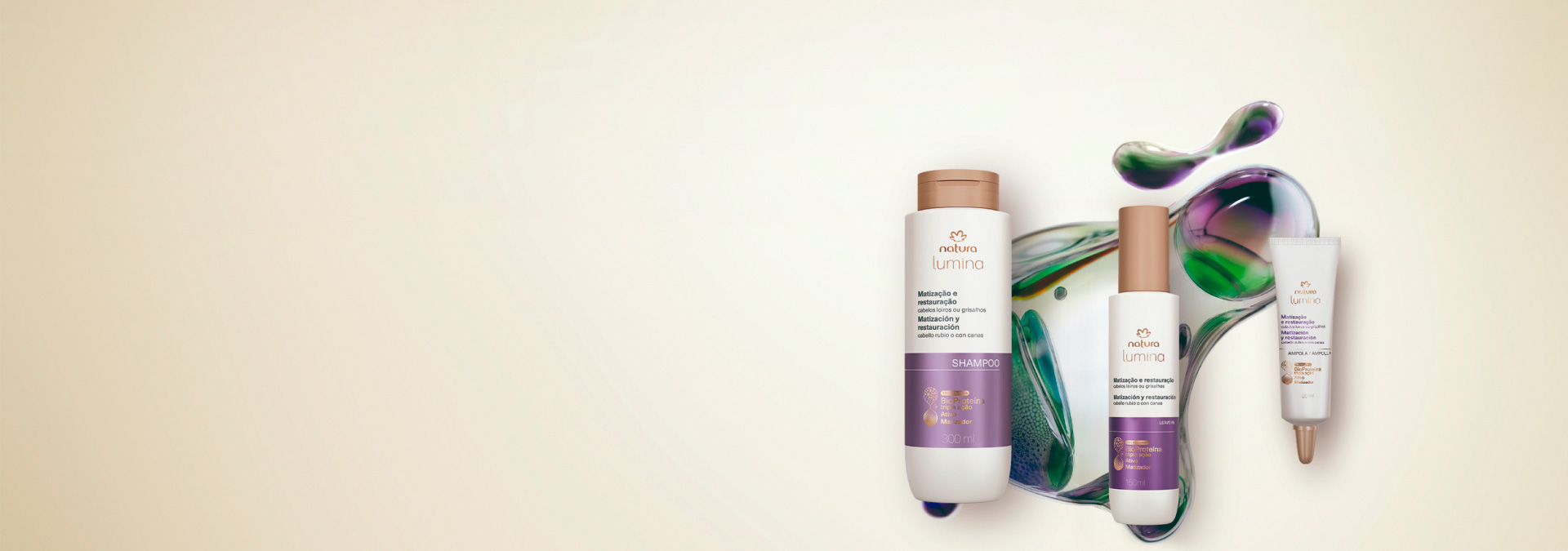 Fundo claro com linha Natura Lumina Matização e Restauração e partícula que destaca a tecnologia do produto