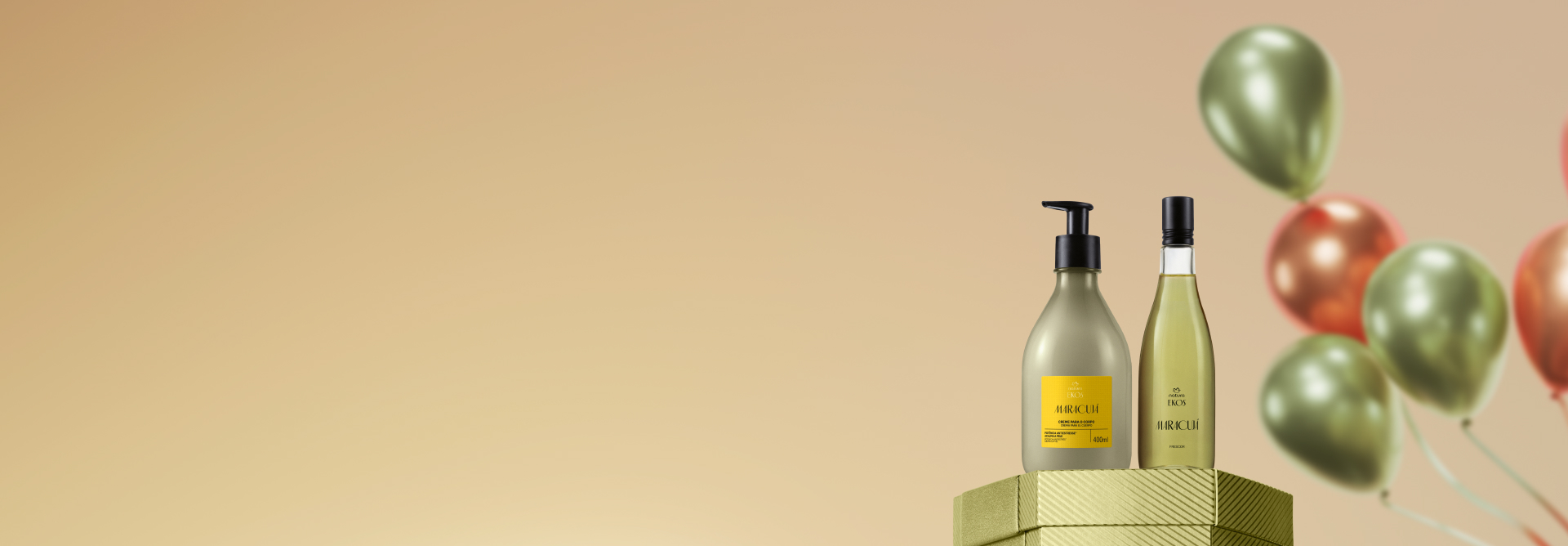 Presente Natura Ekos Maracujá, com Hidratante para o Corpo e Desodorante Colônia Frescor, destaca-se sobre caixa hexagonal verde-claro. Atrás, balões verdes e laranjas sobre fundo amarelo.