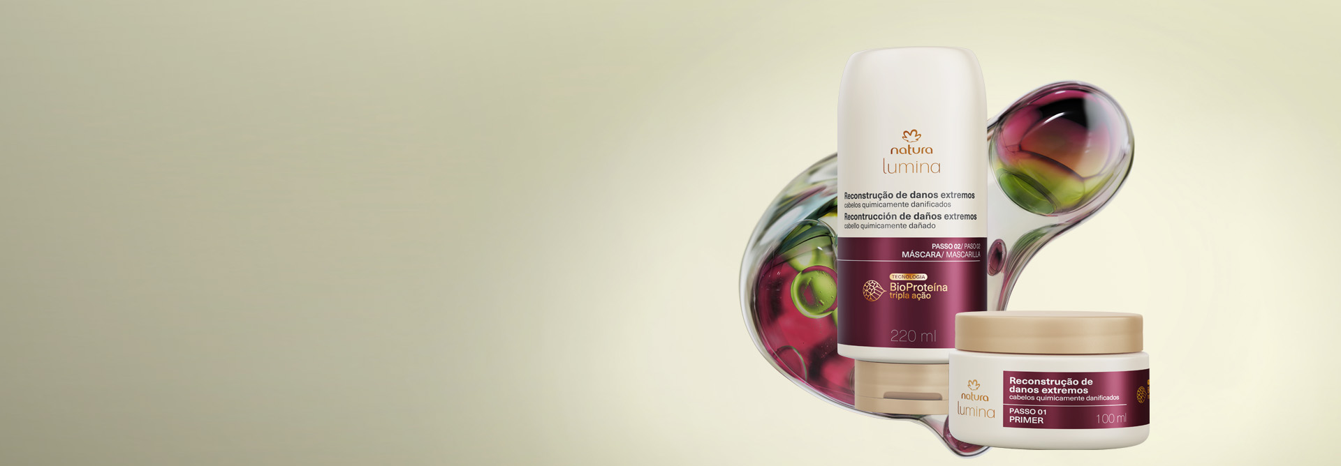 Máscara e Primer Natura Lumina Reconstrução de Danos Extremos, com frascos em tons de branco e vinho e tampas douradas, sobre ativos da tecnologia BioProteína tripla ação em fundo bege.