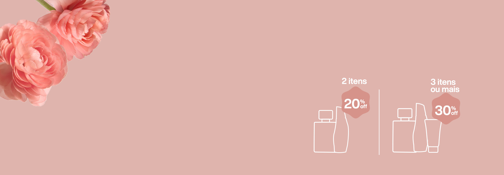 Silhuetas dos produtos Natura em fundo rosa com rosas no canto inferior direito. Sobre os produtos, temos as condições do desconto progressivo.