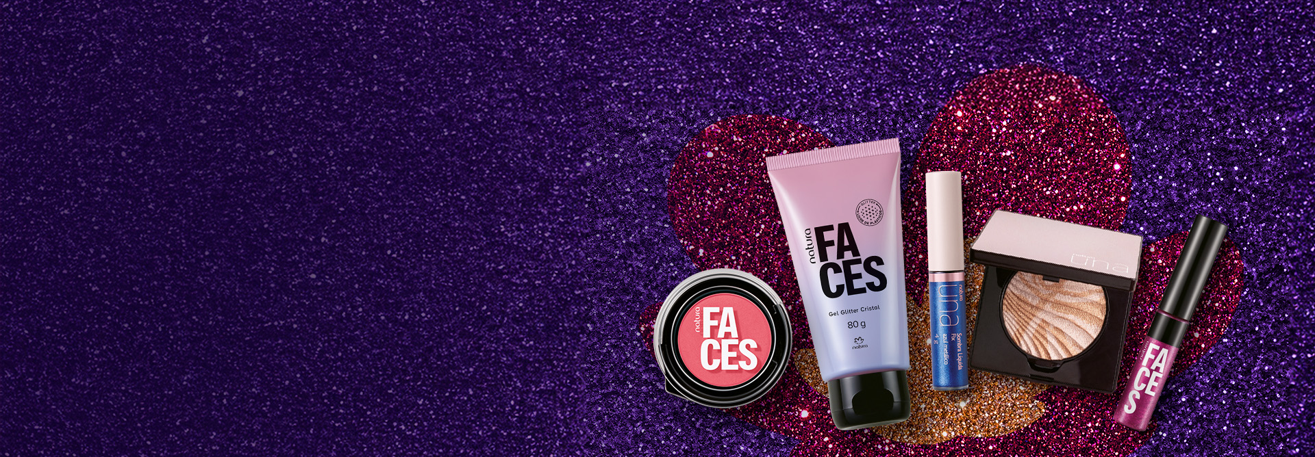 5 produtos de Faces e Una, incluindo sombra em pó, sombra líquida, batom líquido, pó e glitter corporal. Estão em fundo glitter roxo com a flor símbolo da Natura aplicada em glitter laranja e rosa.