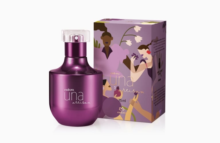 Perfume feminino marcante Una Artisan ao lado da sua caixinha sobre um fundo branco