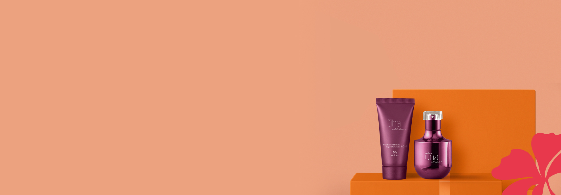 Presente Natura Una Artisan, incluindo 1 Deo Parfum Feminino e 1 Desodorante Hidratante Corporal Perfumado sobre caixas de presentes laranja em fundo laranja suave.