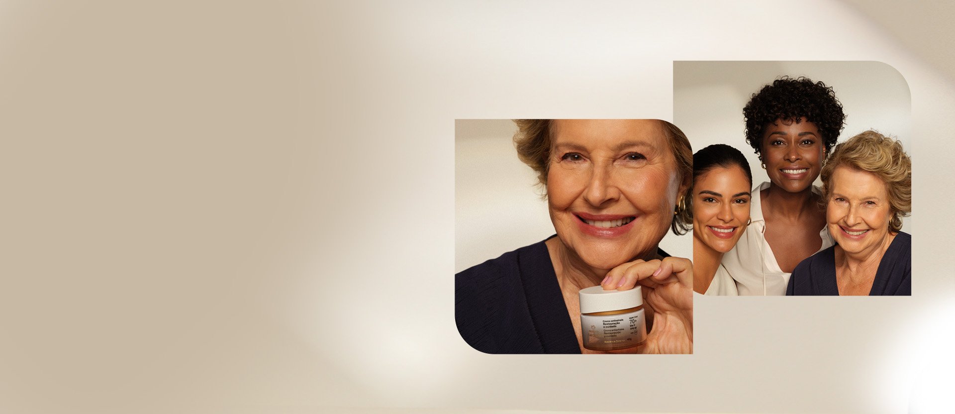 Imagem com duas fotos sobre fundo bege. A primeira foto é de uma mulher idosa segurando um Creme Antissinais 70+ Chronos Derma. A segunda foto é com 3 mulheres sorrindo.