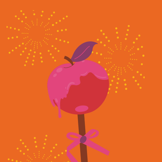 Ilustração de maçã do amor com fogos de artifício em fundo laranja.