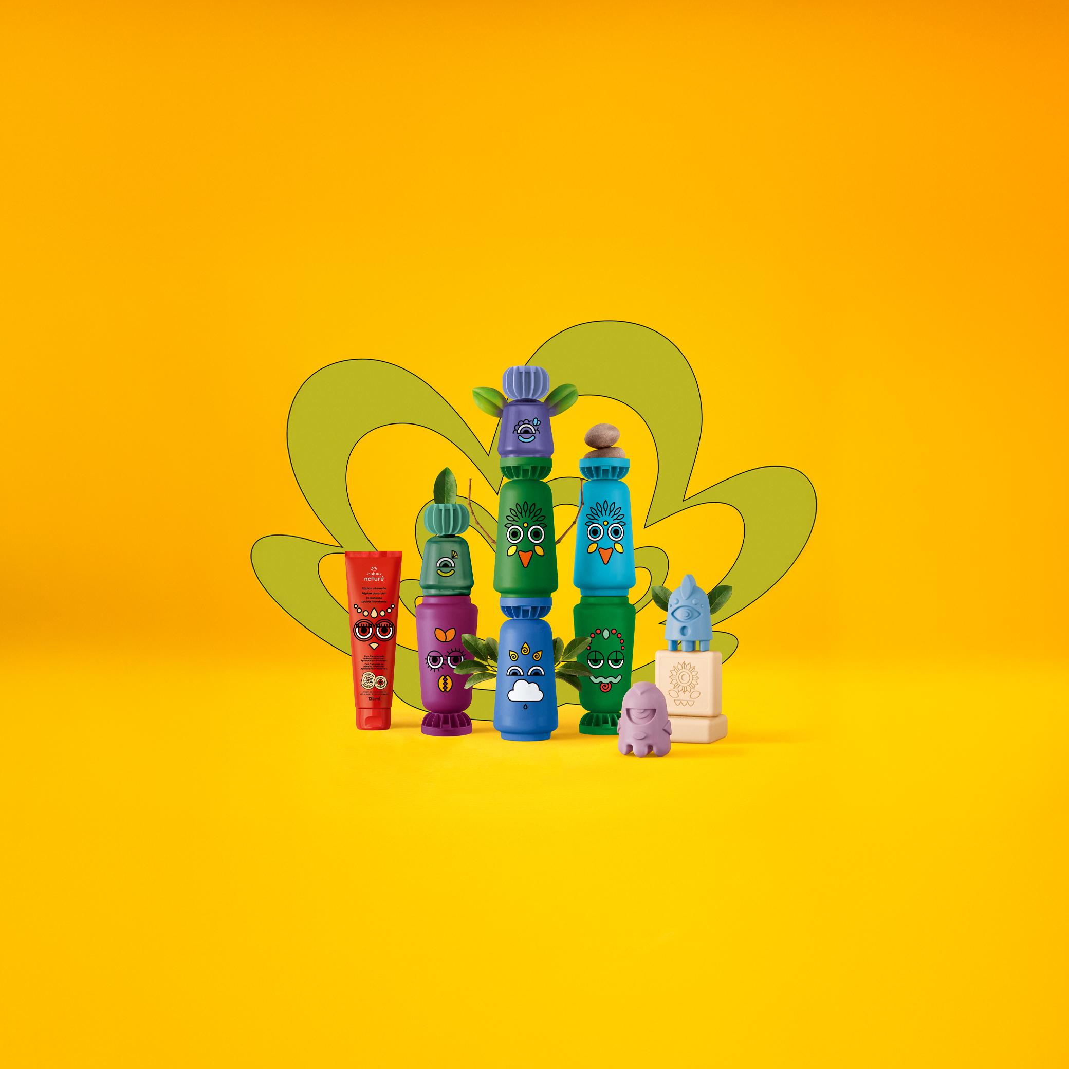 12 produtos Naturé formam uma pirâmide diante de um fundo amarelo vibrante. As embalagens têm cores vibrantes variadas e ilustrações abstratas que remetem a animais e elementos da natureza. 
