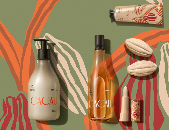 Produtos Natura Ekos Cacau, com ilustrações do pé de cacau, em fundo verde.