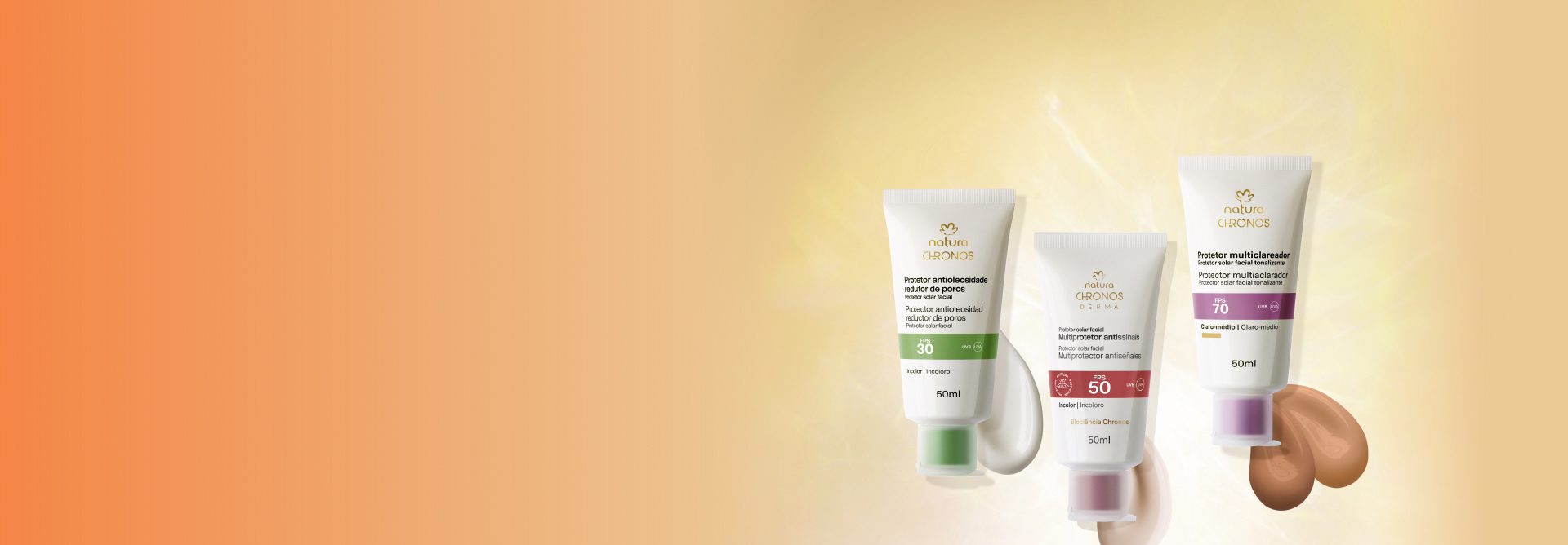 Produtos Natura Chronos, com suas texturas e tonalidades, com pontos de luz, em fundo em tons de amarelo e bege.