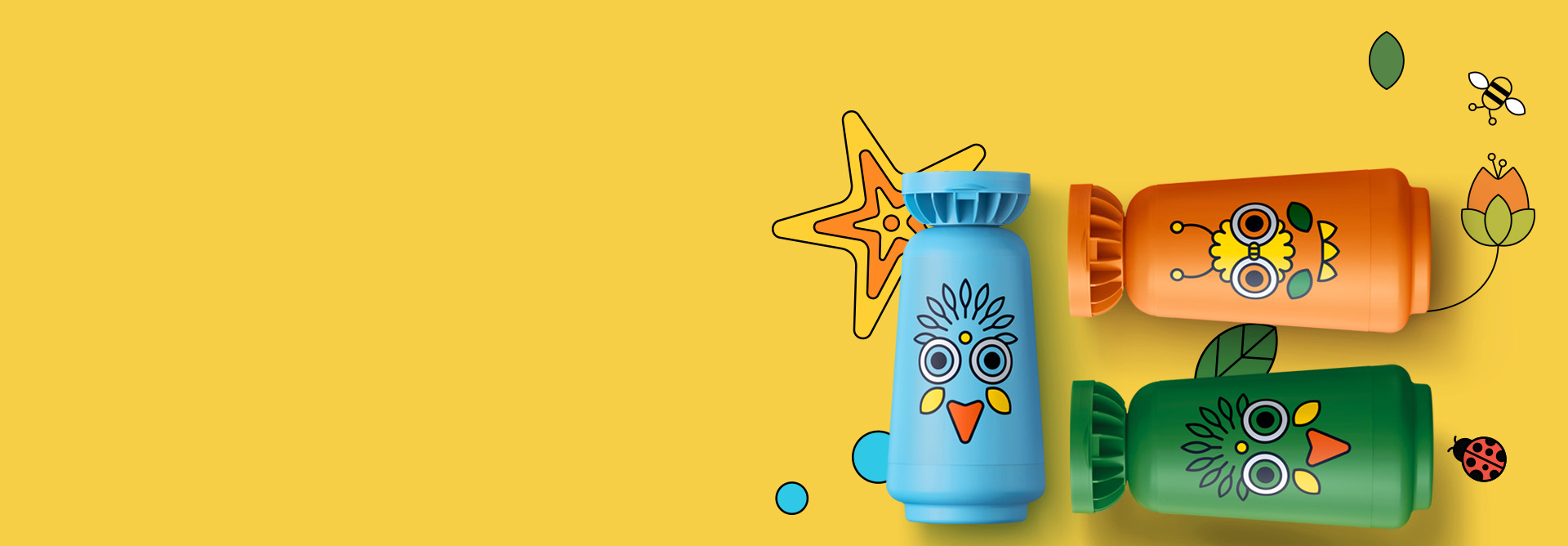 Shampoos Naturé Cabelos Lisos e Ondulados, 2 em 1 e Cabelos Cacheados e Crespos, com frascos azul, laranja e verde, em destaque sobre fundo amarelo decorado com flores, abelhinhas e estrelas-do-mar.