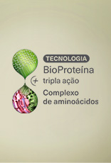 Em fundo verde, selo Tecnologia BioProteína + tripla ação complexo de aminoácidos.