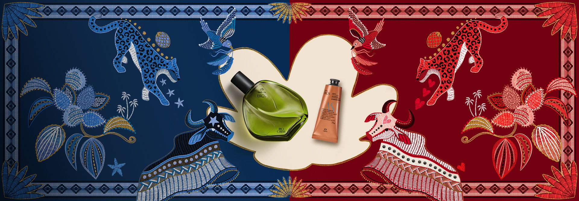 Produtos Natura dentro da rosácea Natura cercada de elementos dos bois Garantido, à direita em vermelho, e Caprichoso, à esquerda em azul.