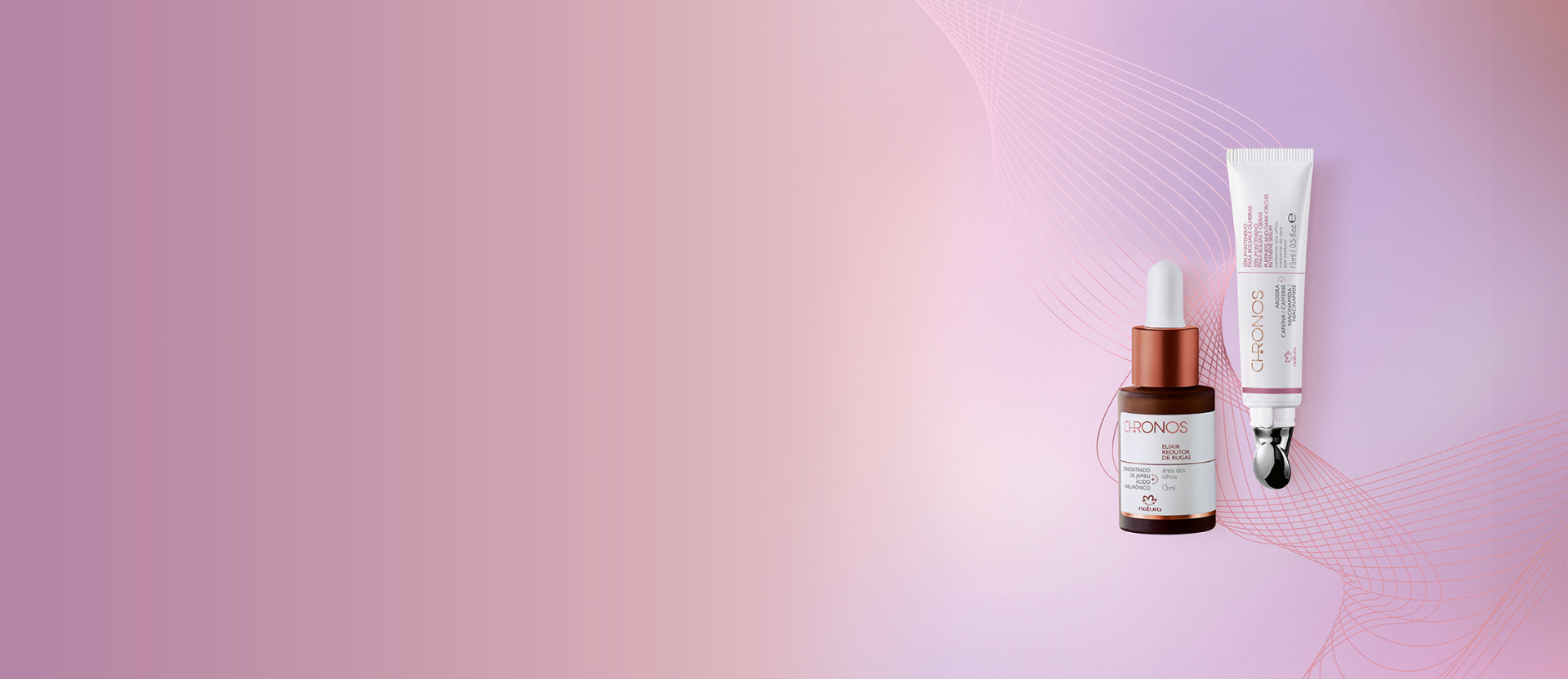 Produtos Natura Chronos com elementos gráficos, em fundo roxo.