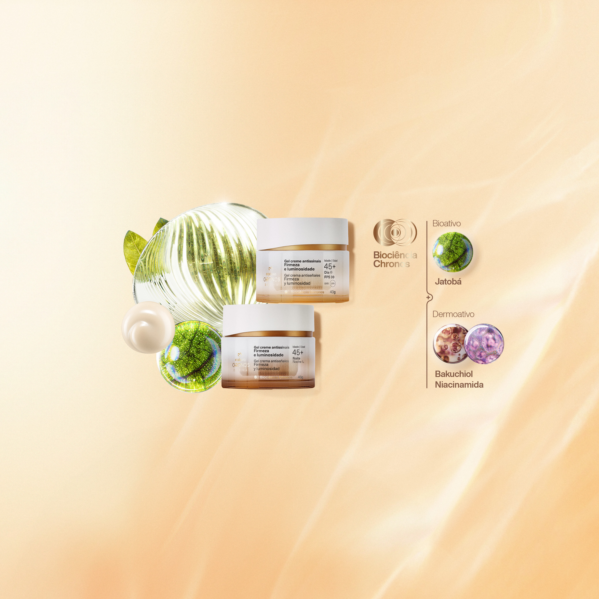 Imagem com dois potes do Gel Creme Antissinais Chronos Derma sobre fundo bege iluminado. Elementos visuais destacam ingredientes, como Jatobá (bioativo) e Bakuchiol (dermoativo).