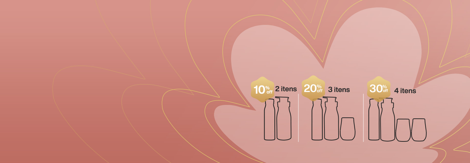 Silhuetas dos produtos Natura centralizadas na flor da marca Natura em tons de rosa, com as condições de desconto progressivo.