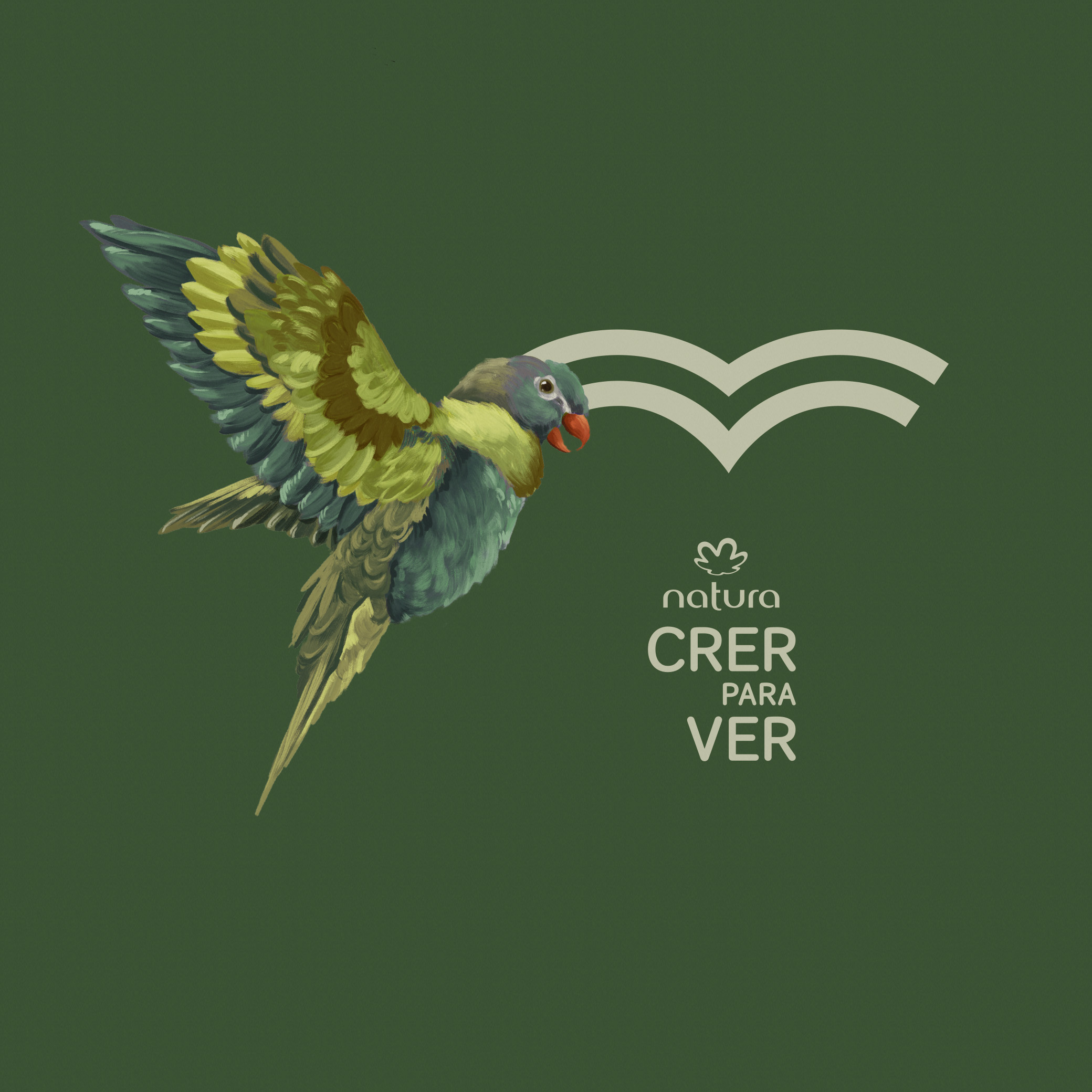 Ilustração de um pássaro verde e amarelo com as asas abertas. Fundo verde escuro com logo Natura Crer para Ver.