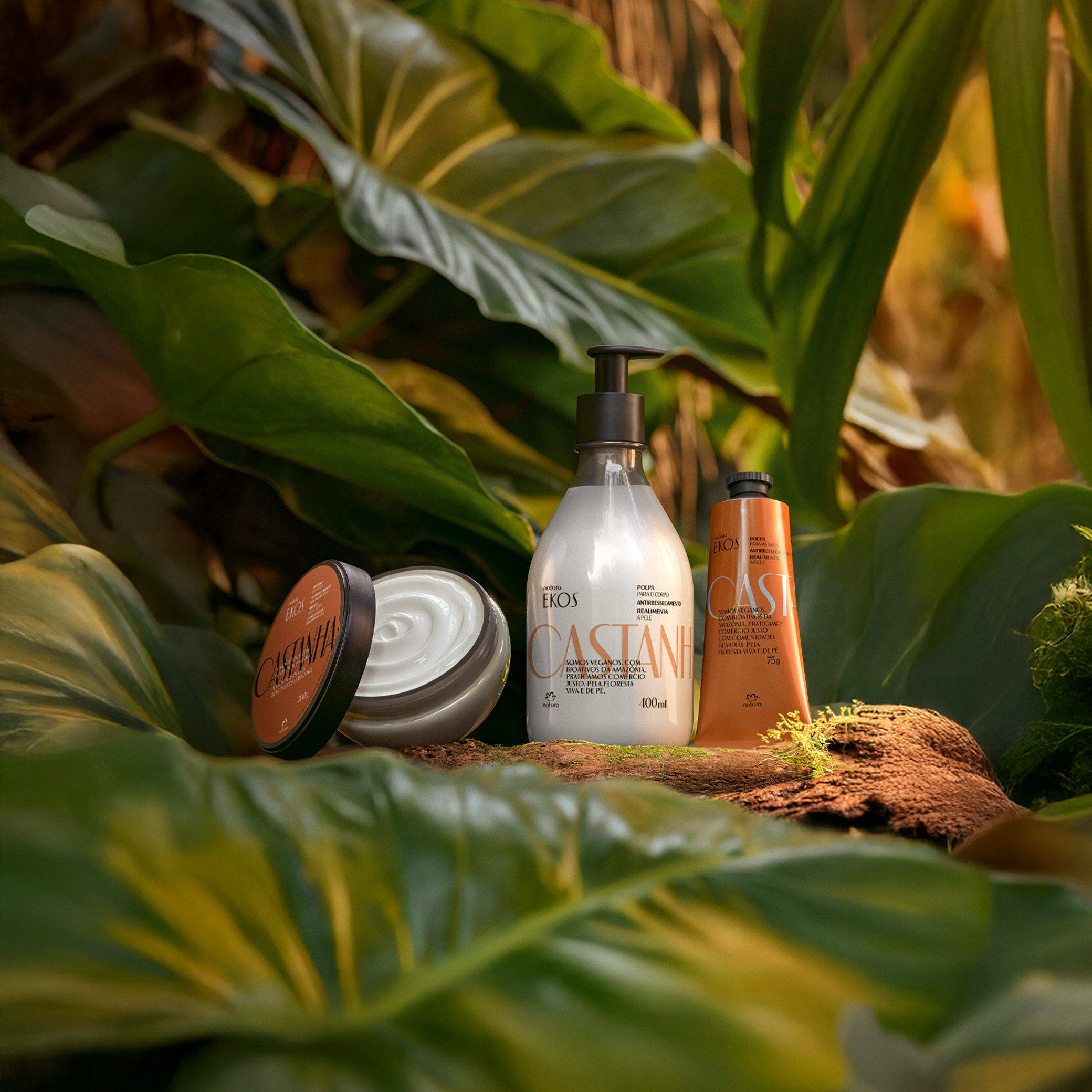 3 produtos de Ekos Castanha repousam sobre um tronco com musgo e folhagens ao redor. A imagem contém 1 pote de creme, 1 frasco pump de polpa hidratante e uma bisnaga de polpa para mãos. 
