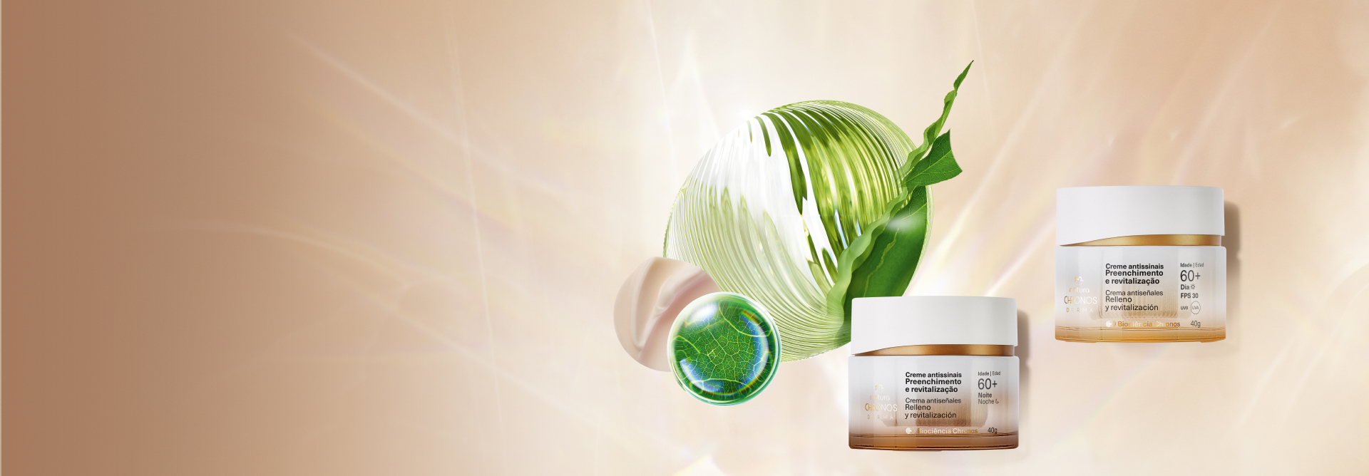 Cremes Antissinais Preenchimento e Revitalização Dia e Noite 60+ aparecem em destaque no canto direito da tela sobre fundo iluminado em tons de pêssego. Ao lado, ilustrações dos bioativos.