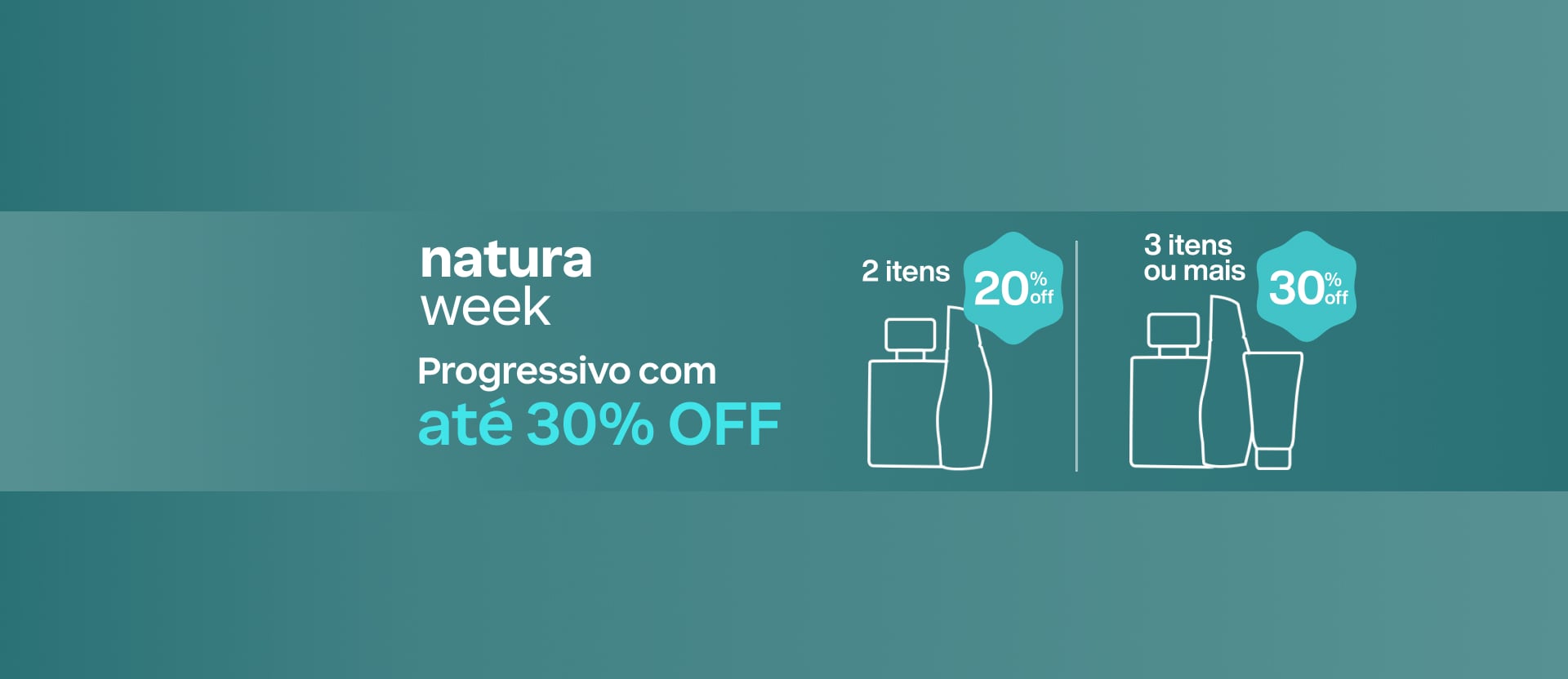 Silhuetas Natura com texto: Natura Week. Progressivo com até 30% OFF. 2 itens com 20% OFF. 3 itens ou mais com 30% OFF. Fundo verde-água.