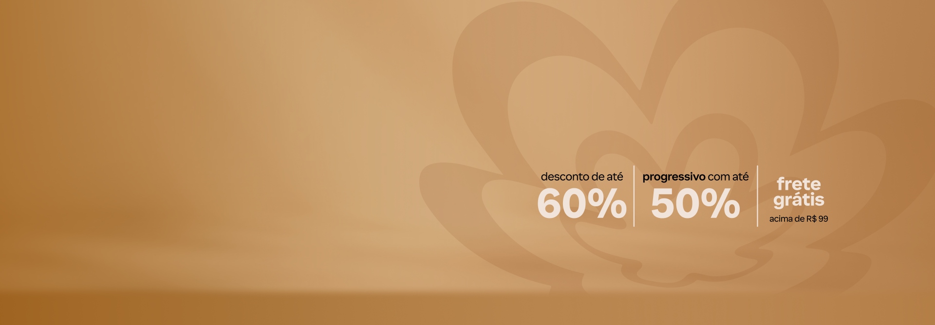Imagem degradê em tons de dourado com a flor símbolo da Natura e o texto "desconto de até 60%, progressivo com até 50% e frete grátis acima de R$ 99" em destaque no centro da tela.