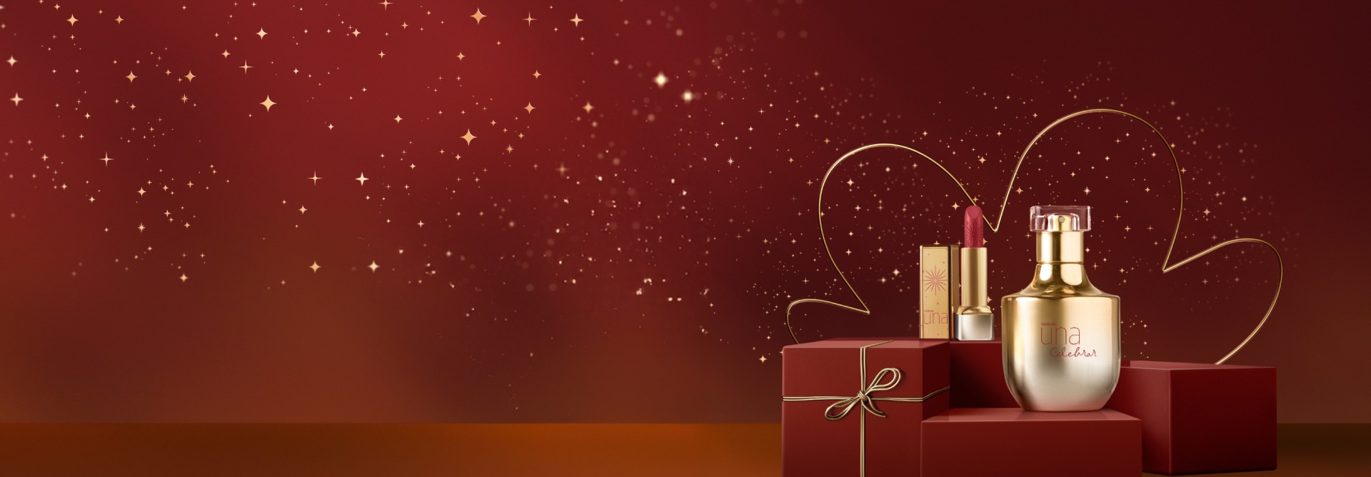 Presente Natura Una Celebrar com Batom, com Deo Parfum e Batom Rouge, sobre caixas de presentes em fundo vermelho com estrelas douradas e linha formando flor símbolo da Natura. Embalagens douradas.